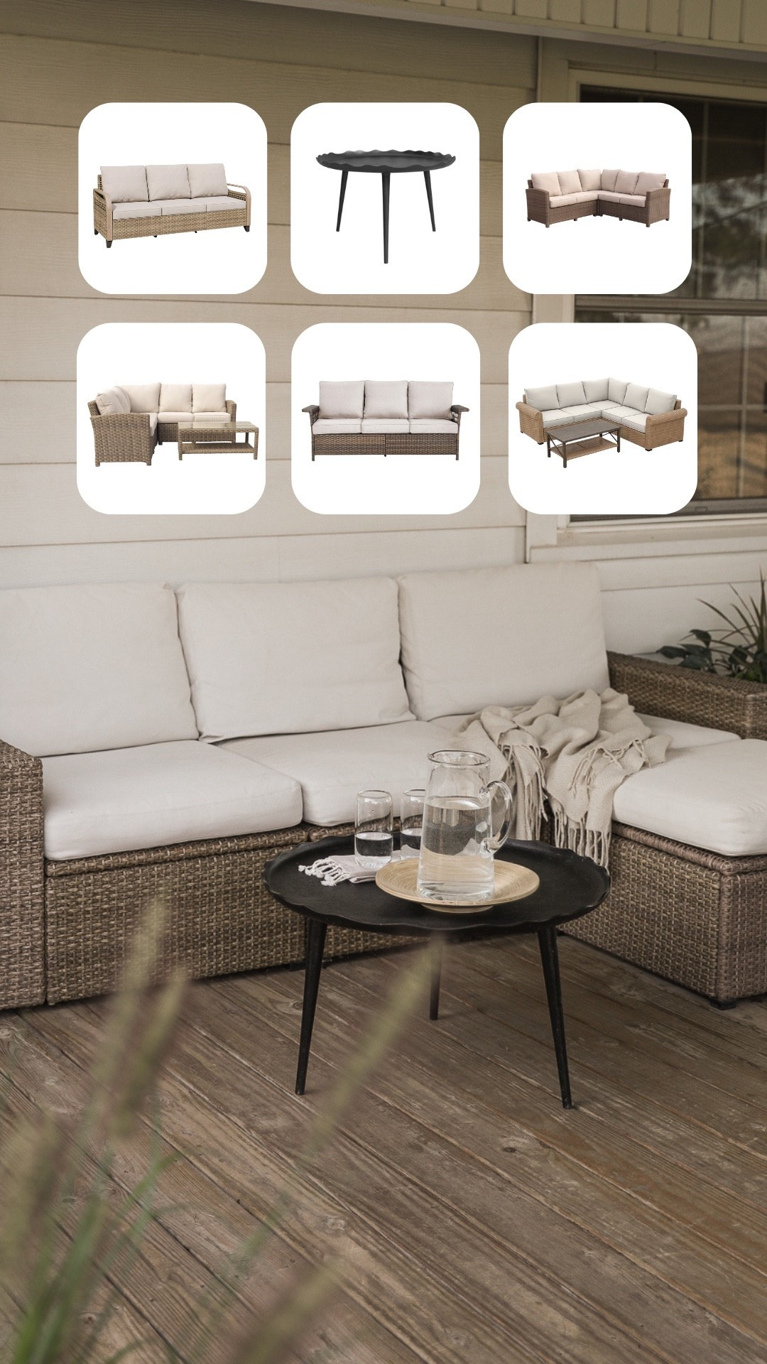 Our outdoor sofa is from IKEA and now discontinued, but I’ve linked several options that are similar — plus the cutest metal scallop edge coffee table