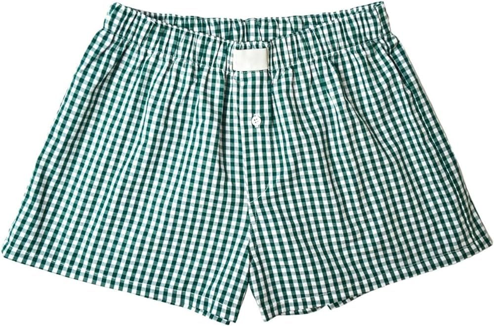 Women Y2K Plaid Pajamas Shorts Elastic Waist Wide Leg Gingham Boxer Lounge Shorts Checked Pj Bott... | Amazon (US)