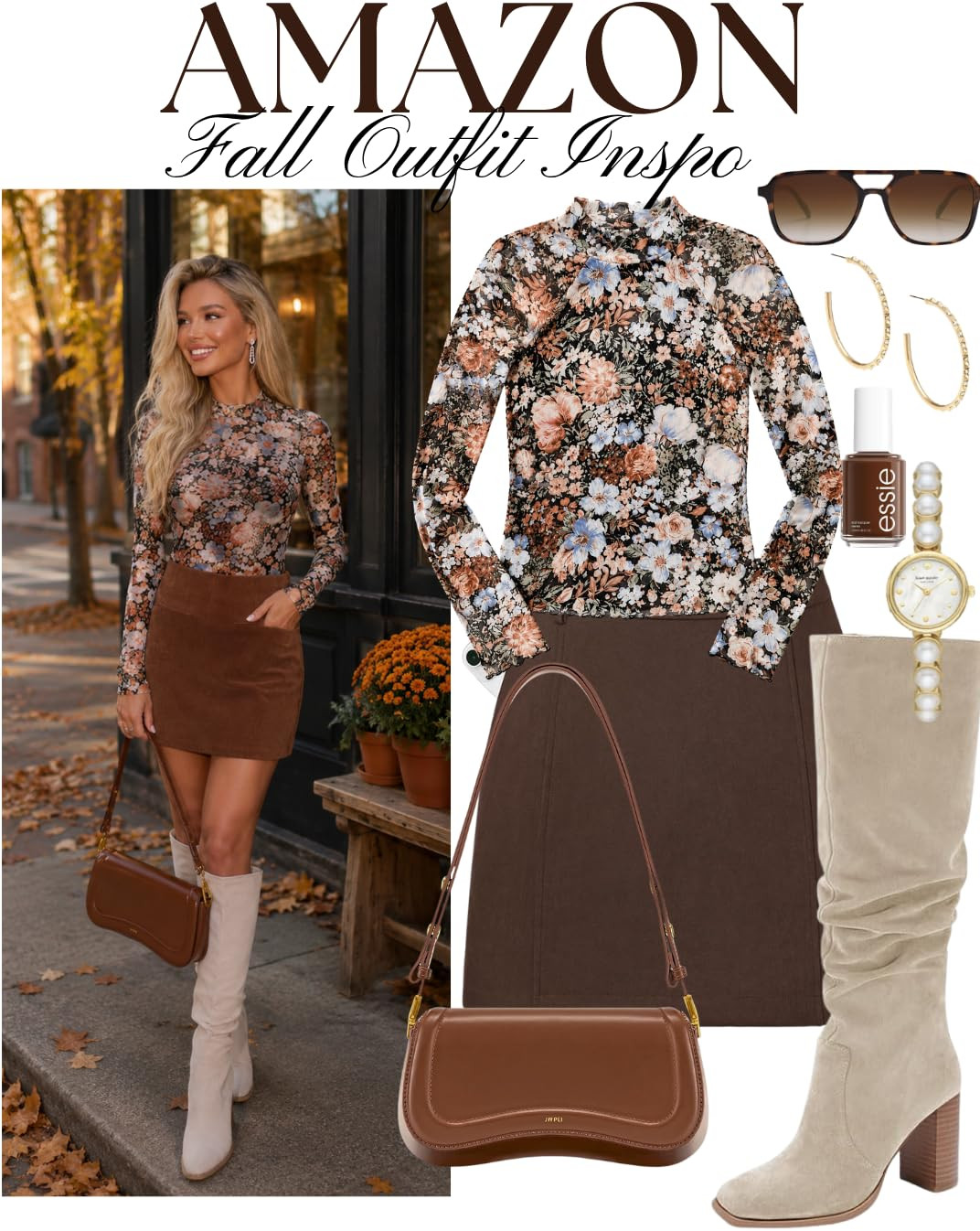 Floral Top & Brown Mini Skirt Fall Outfit Inspo

A feminine fall outfit featuring a floral long-sleeve top, rich chocolate brown mini skirt, cream knee-high boots and a structured brown shoulder bag. The mix of warm autumn colors, florals and neutral boots makes this such a cute look for date night, brunch, dinner or a fall weekend outfit. Save this look for your fall wardrobe inspiration!

#FallOutfit #FallOutfitInspo #FallFashion #AutumnOutfit #FloralTop #MiniSkirtOutfit #BrownOutfit #ChocolateBrown #KneeHighBoots #CreamBoots #DateNightOutfit #FeminineStyle #AmazonFashion #AmazonFinds #FallStyle #WomensFashion #CasualChic #OOTD
