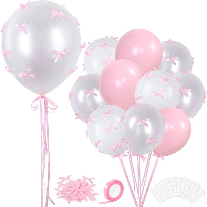Pink Bow Balloons, 32Pcs 18" 12" Pink Balloons & 100Pcs Mini Pink Ribbon Bows, DIY Bow Balloons f... | Amazon (US)