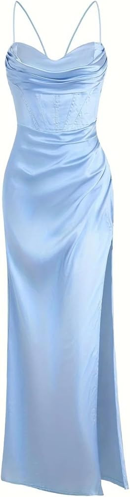Women's Sloping Neck Spaghetti Straps Backless Slit Slim Fit Maxi Dress Party Prom Evening Dress | Amazon (US)