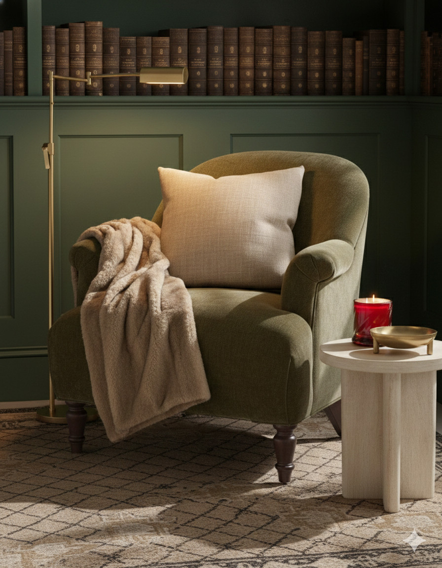 MOODY LIBRARY VIBES 

Nothing beats this deep green aesthetic for the ultimate cozy corner. Between the plush olive armchair and the vintage-style gold pharmacy lamp, it’s the perfect spot to disappear into a book.


#ReadingNook #MoodyHome #DarkAcademia #CozyVibes #InteriorInspo 

 #LTKHome #LTKSaleAlert #LTKFindsUnder50