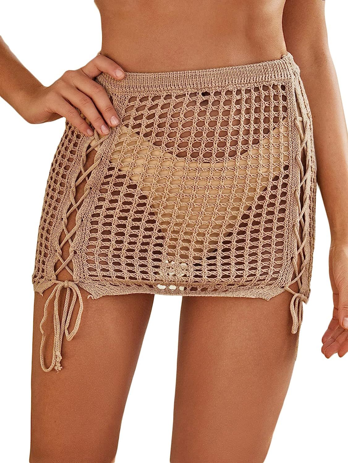 SOLY HUX Women's Elastic Waist Tassel Sheer Beach Swimwear Cover Up Mini Skirt | Amazon (US)