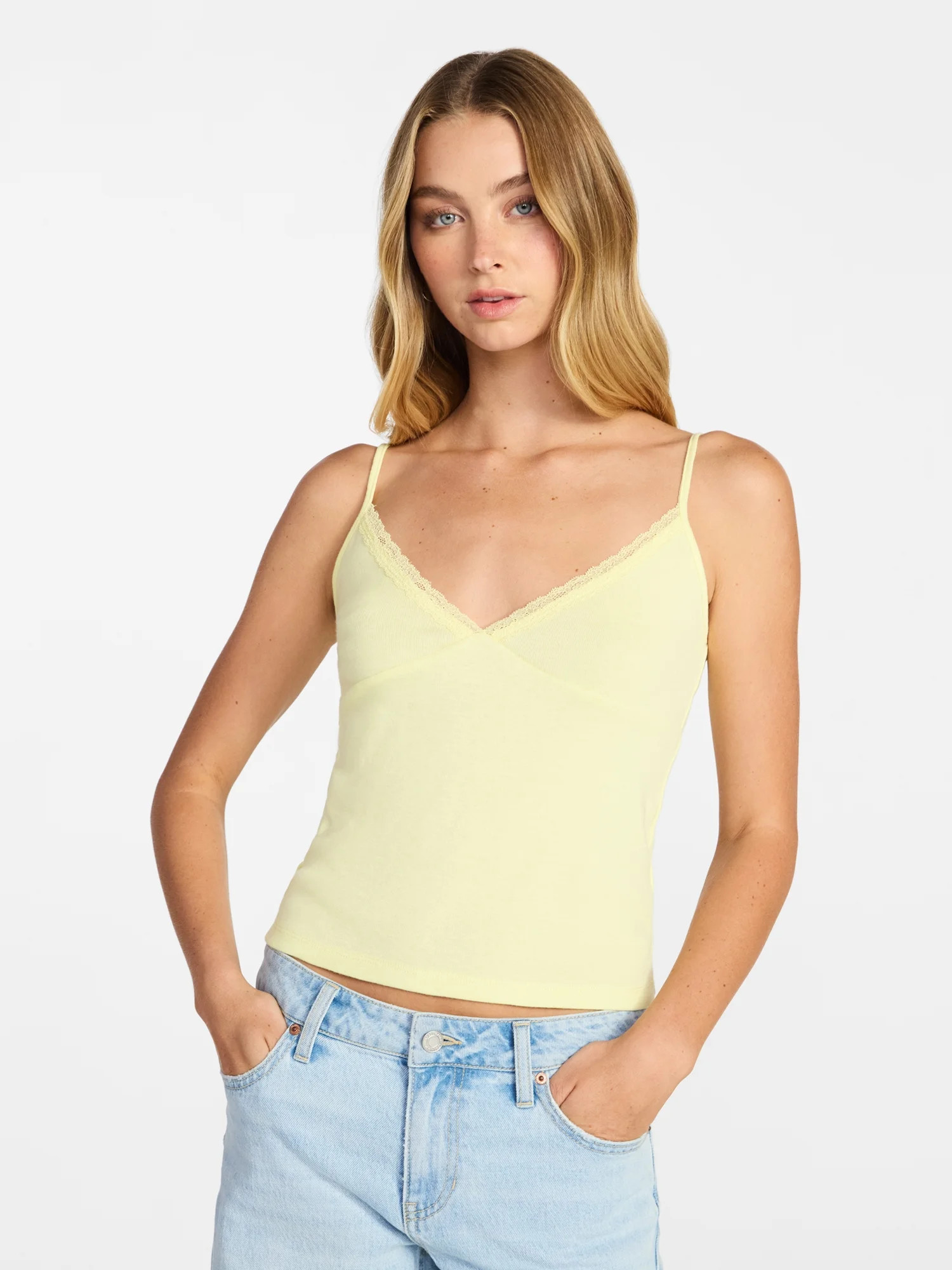 No Boundaries Lace Trim V-Neck Cami, Women’s XXS-XXL | Walmart (US)