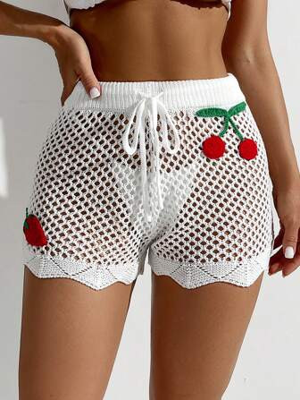 SHEIN Swim Dames effen kleur doorzichtig trekkoord fruit patchwork casual vakantie cover-up short... | SHEIN