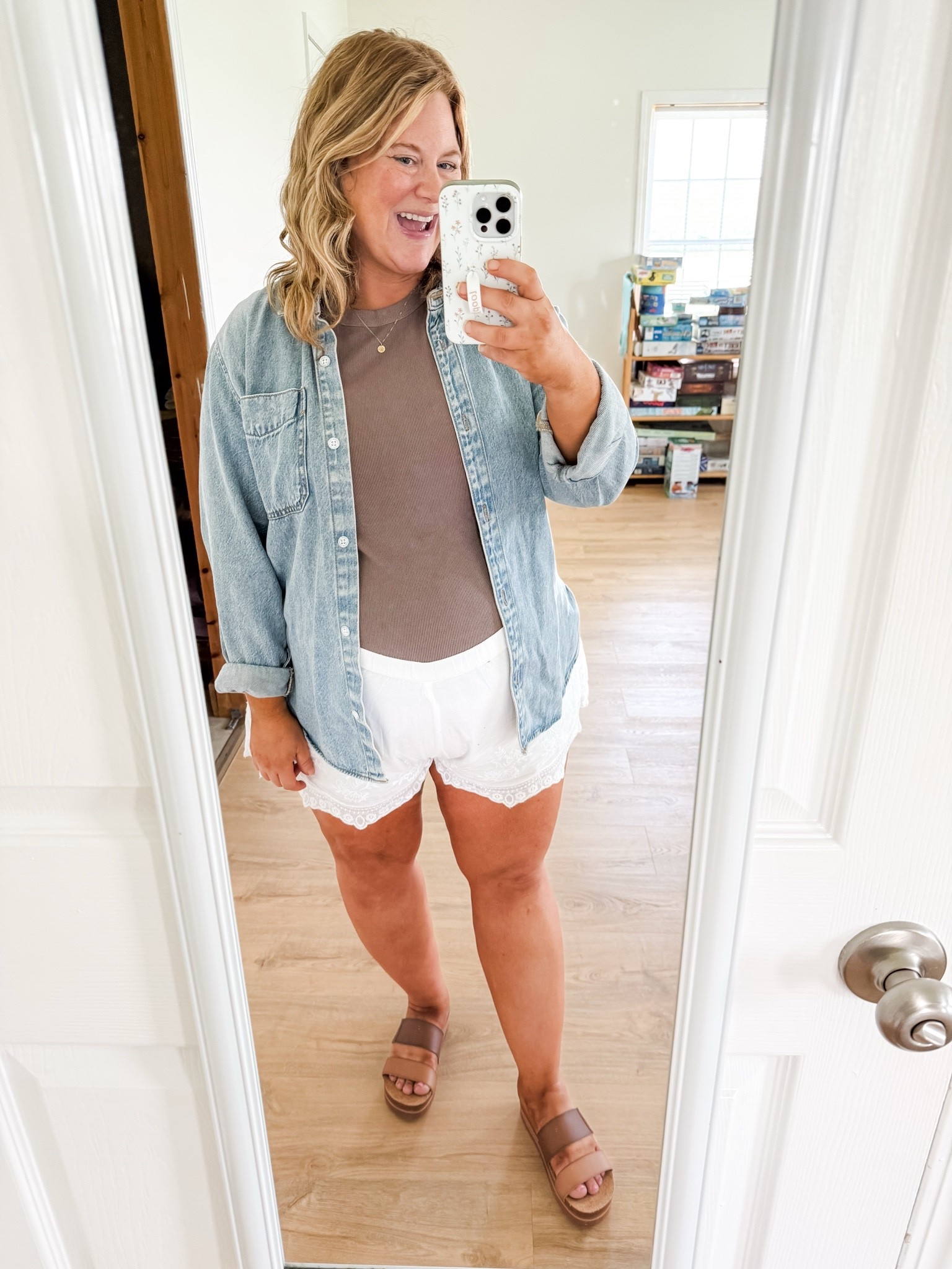 Wearing an XL in my tee and an XXL in lace trim shorts.  I sized up for the bump. Denim shirt is possibly sold out so linked similar too.  Reef sandals are TTS in a 7.

#LTKootd #LTKMidsize #LTKBump