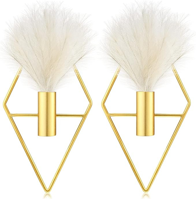 Peryiter 2 Pcs Boho Wall Decor Metal Gold Wall Art Hanging Planters with Artificial Pampas Modern... | Amazon (US)