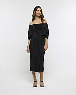 Black bardot drape plisse midi dress | River Island (US)