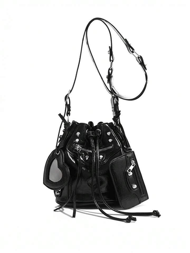 In The Summer Of 2024, The New Drawstring Women's Bag Fashion Bucket Bag Rivet Motorcycle Bag Thr... | SHEIN