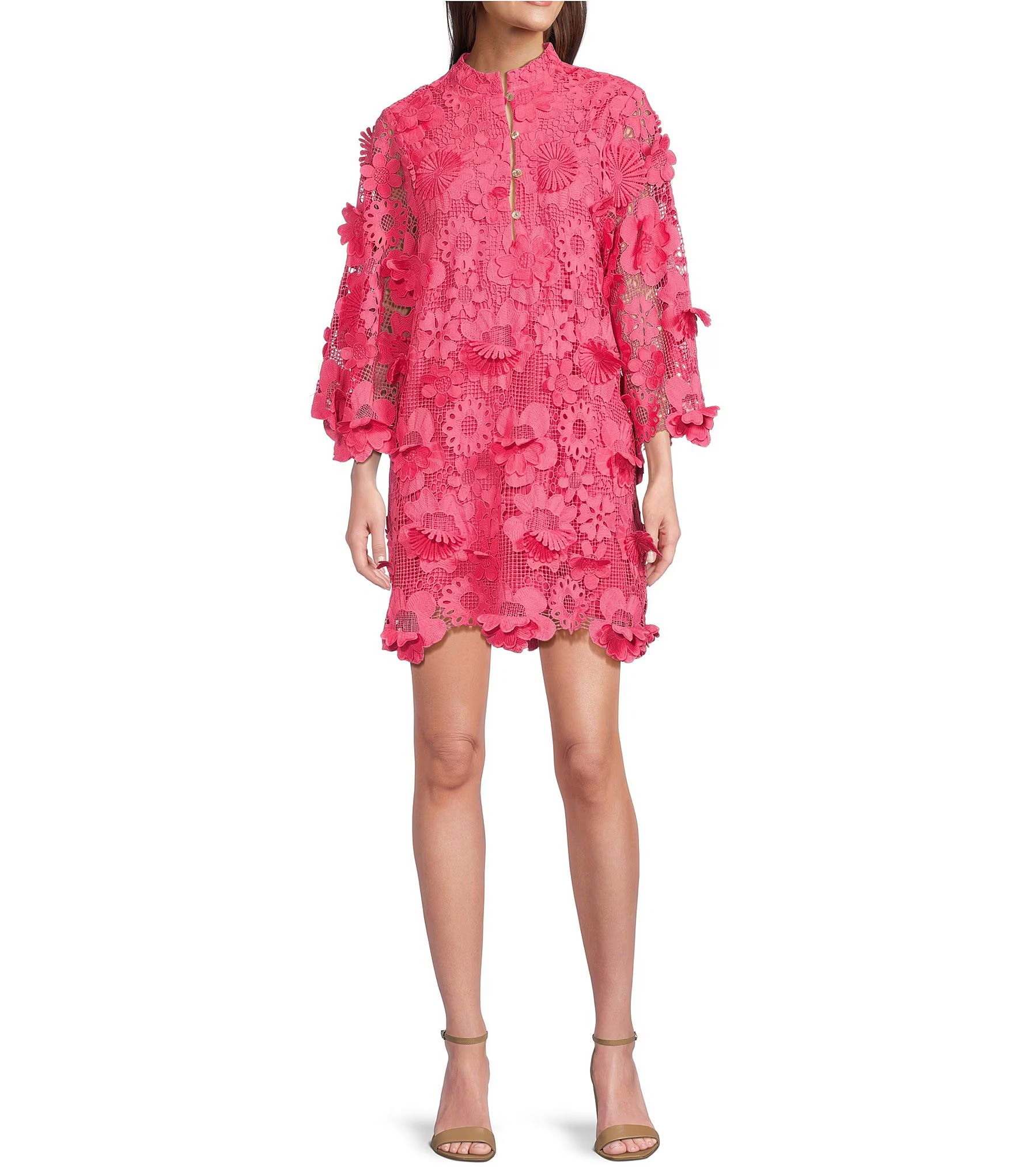 J.MarieSeraphina Floral 3D Lace Split V Button Up Long Sleeve Shift Dress | Dillard's