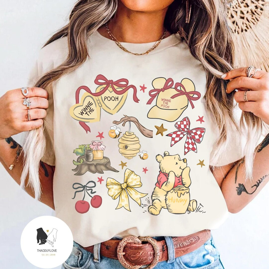 Retro Coquette Bows Winnie The Pooh T-shirt, Cute Pooh Bear shirt, Disneyworld Shirt, Disney Fami... | Etsy (US)