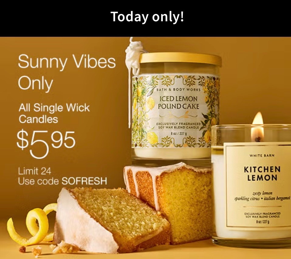 Bath & Body Works has their Single Wick Candles on sale for only $5.95 today! This includes all new options, including Mother’s Day specific options. Use code SOFRESH for the deal 🕯️

#LTKSaleAlert #LTKMothersDay #LTKHome