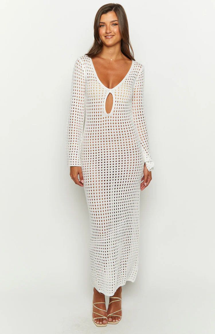 Destinations White Crochet Long Sleeve Maxi Dress | Beginning Boutique (US)