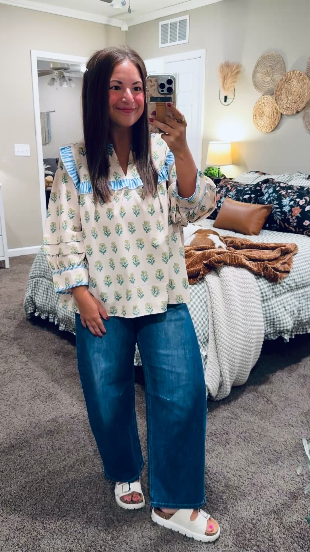 The cutest details on this Amazon blouse! 💙 Loving the floral print & blue striped ruffle trim. Paired with wide-leg jeans & white sandals for a cute classroom-ready outfit!

sandals: sold out, but linking similar options below!
jeans: fit a tad oversized (super stretchy) // wearing a 12
blouse: fits true to size // wearing a large 

 #LTKootd #LTKMidsize #LTKWorkwear