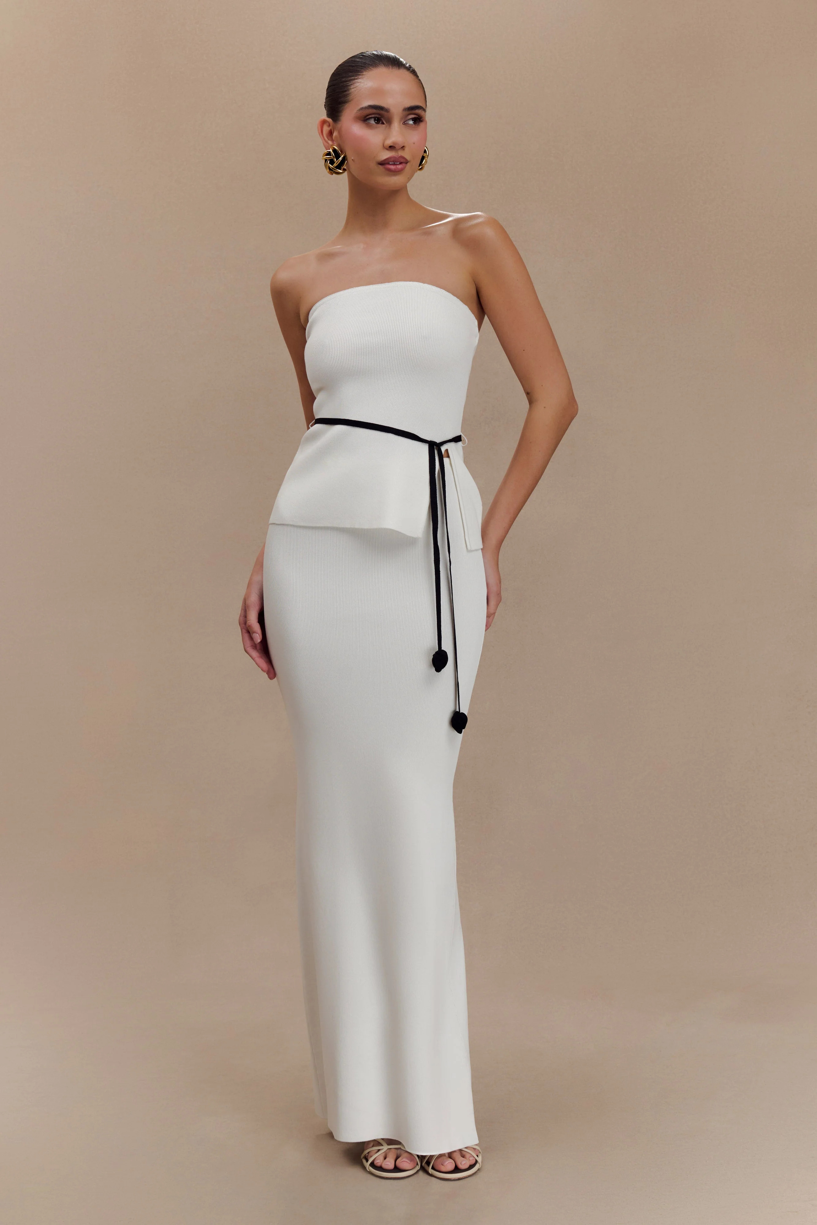 Keaton Fishtail Knit Maxi Skirt - White | MESHKI US