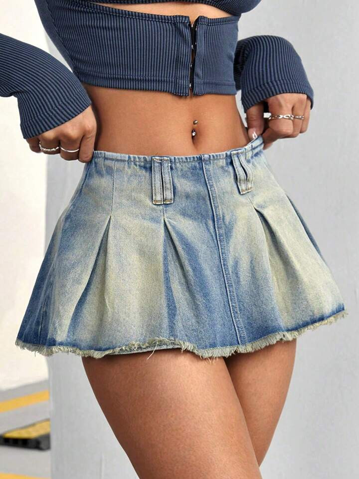 SHEIN ICON Women's Pleated Frayed Hem Denim Skirt | SHEIN