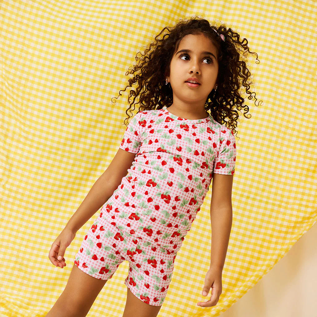 Strawberry Red Short Sleeve Sweet Strawberries Classic Pajama Short Set | Posh Peanut® | Posh Peanut