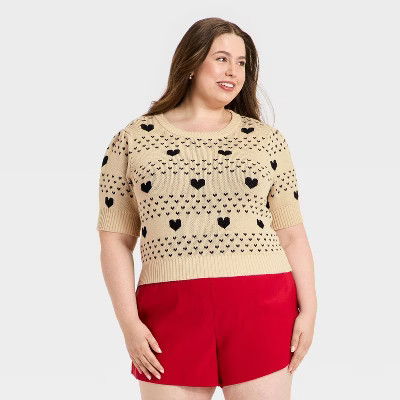 Women's Elbow Sleeve Valentine's Day Hearts Crewneck Pullover Sweater - Universal Thread™ Taupe 1X | Target