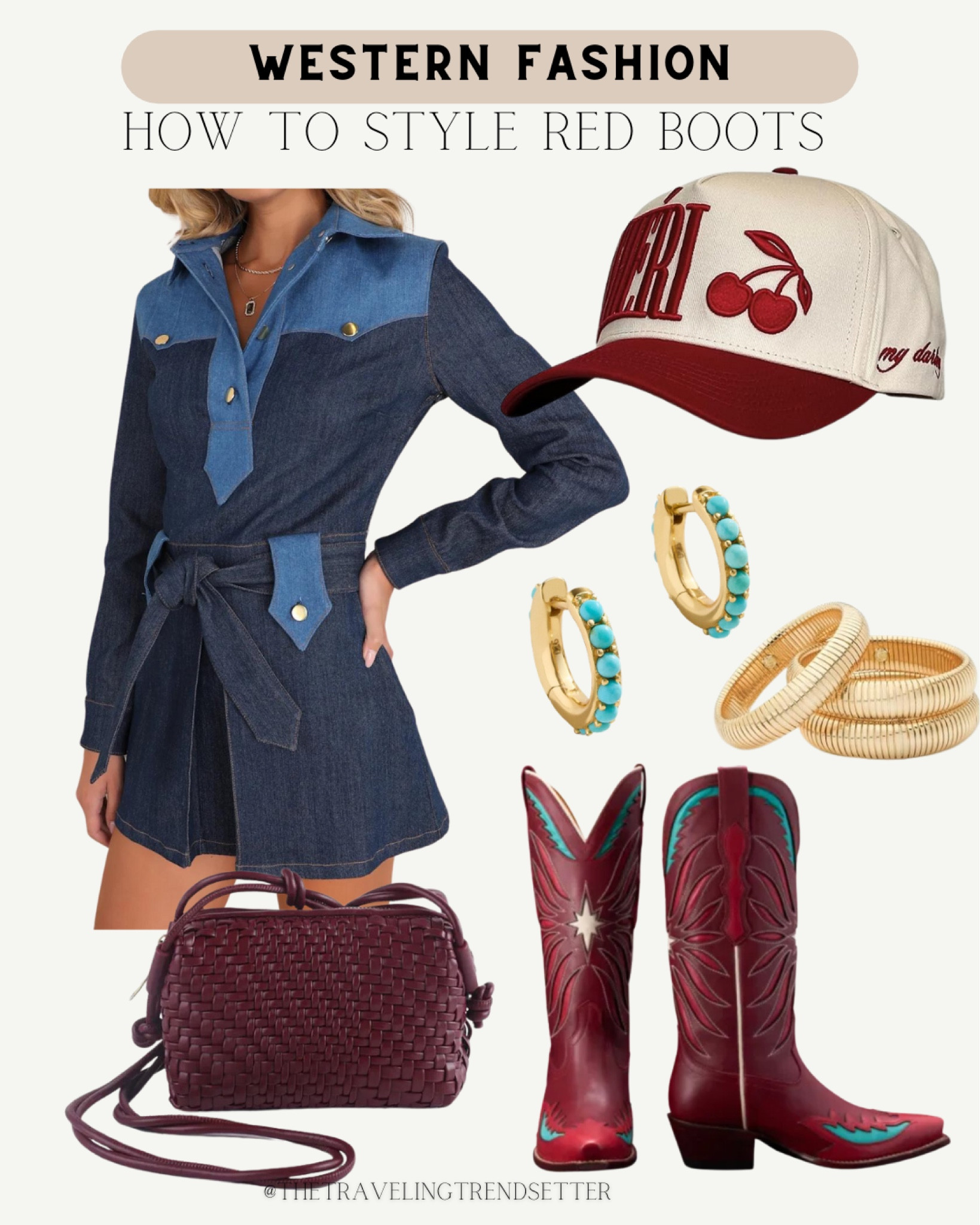 How to style red boots or a denim dress - NFR fashion - cowgirl
Boots cowgirl hat - trucker hat - Nashville - jewelry Amazon burgundy fall 

#LTKFindsUnder50 #LTKStyleTip #LTKFindsUnder100