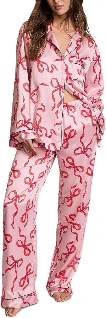 Women Bow Pajamas Silk Long Sleeve Button Down Shirt and Pants Satin 2 Piece Lounge Set Valentine... | Amazon (US)