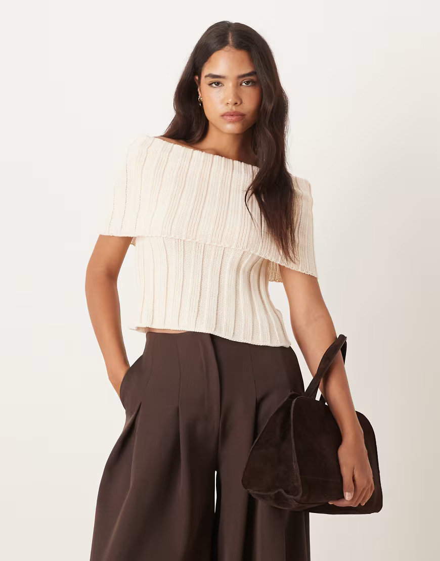 ASOS DESIGN slouchy neck rib knit top in cream-White | ASOS (Global)