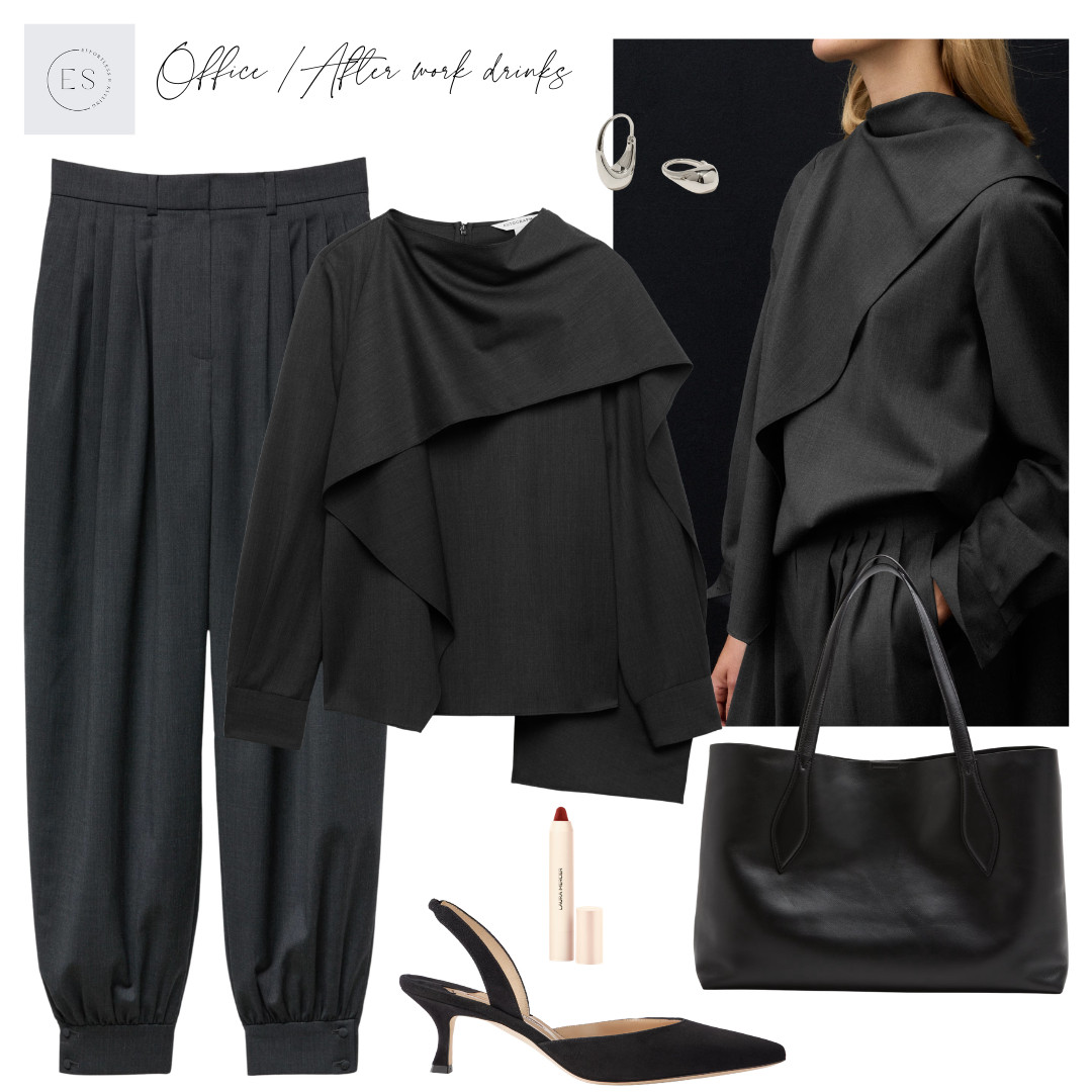 Smart workwear into evening outfit. 

Black leather tote bag, red lip crayon, black suede heeled slingback pumps, silver hoop earrings, grey wool blend tailored pleated balloon trousers, grey wool blend draped scarf detail blouse. 

 #LTKuk #LTKdatenight #LTKworkwear