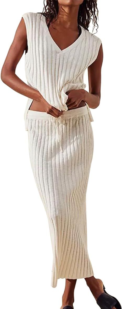 TAMEYA Women 2 Piece Sweater Skirt Sets Sleeveless V Neck Ribbed Knit Vest Tops Casual Maxi Dress... | Amazon (US)