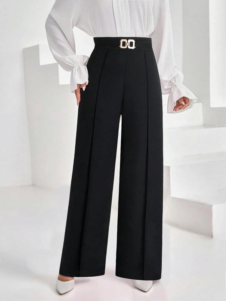 Women's Elegant High-Waisted Wide-Leg Pants Business Casual Trousers with Buckle Detail at Amazon... | Amazon (US)