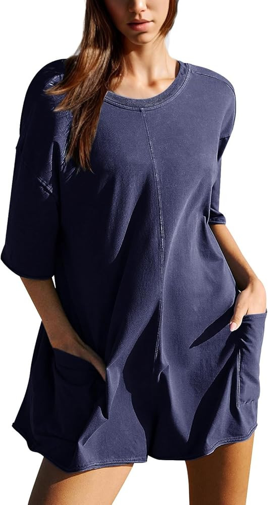 Dokuritu Rompers for Women Short Sleeve Round Neck Summer Athletic Romper Oversized Back V Neck O... | Amazon (US)