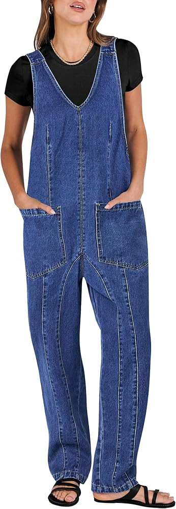 ANRABESS Women Denim Overalls Sleeveless V Neck Casual Jean Pants Jumpsuits Loose Baggy Jumper Fa... | Amazon (US)