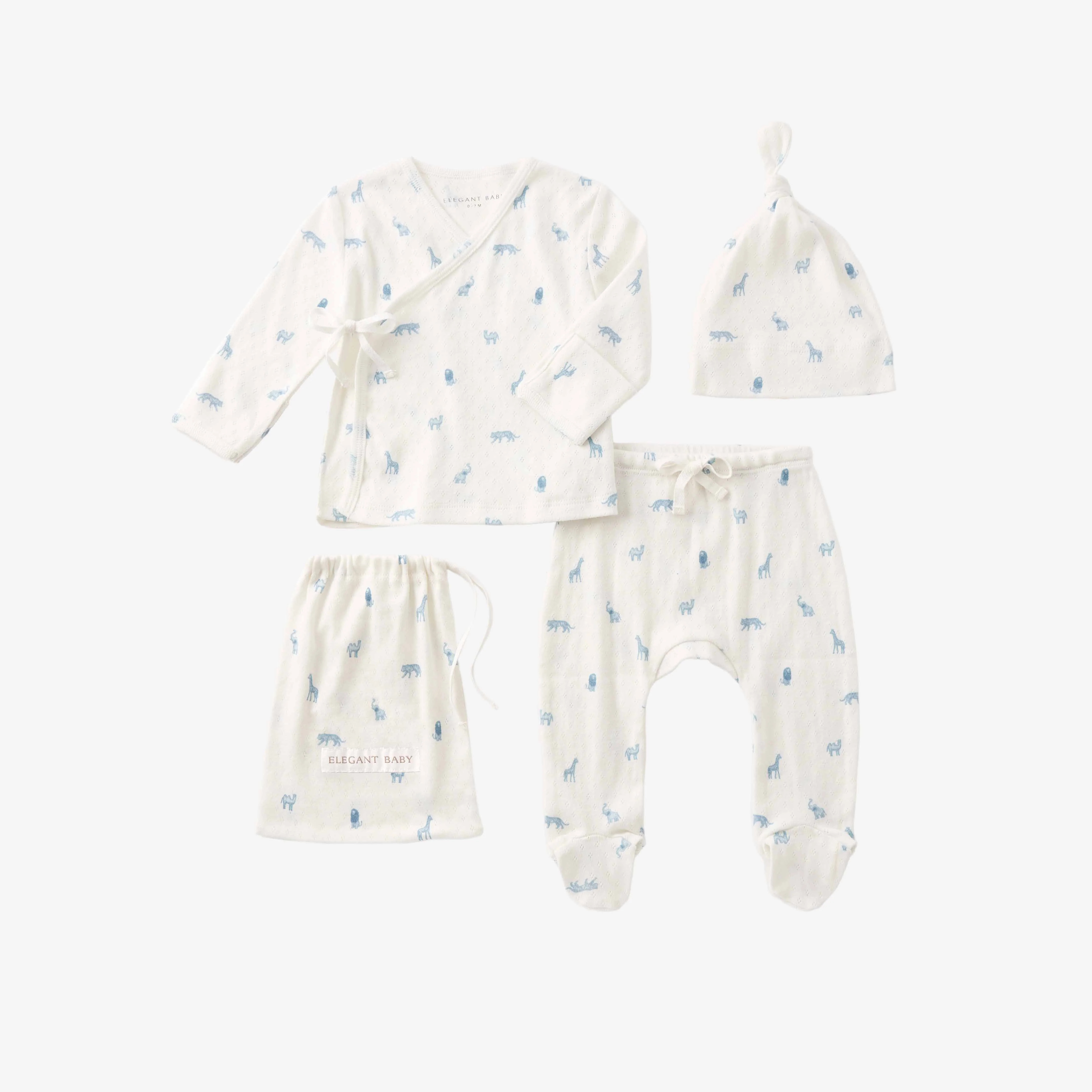 Blue Safari Print Organic Cotton Pointelle Layette 3 Pc Gift Set | Elegant Baby