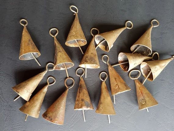 Set 8, 10, 12 Antique color metal cone shape bells, 2 inch jingle bell, rustic vintage christmas ... | Etsy (US)