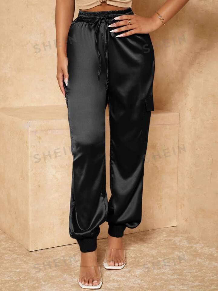 SHEIN SXY Spring And Summer Satin Drawstring Waist Black Casual Women's Trousers | SHEIN