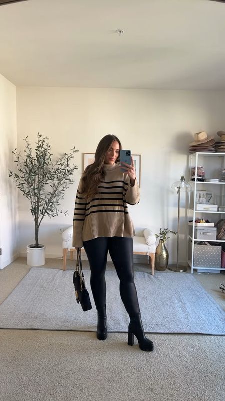 How to appear taller- where 4.74 inch platform boots! Use code ‘Brittany’ for 20% off! Stripe turtleneck is a fall wardrobe staple- I am wearing a size medium. Another fall staple are these Spanx faux leathering leggings, I style them over and over again! I have 2 full styling hauls over on YouTube where I show you 20+ outfits in each video of styling these faux leather leggings! I wear my usual size medium. Fall outfit, fall fashion, fall style, cozy fall style,

#LTKSeasonal #LTKstyletip #LTKmidsize