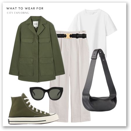 A casual spring look 👉 a COS khaki jacket styled with linen trousers, a white tee, converse & black accessories 🕶️

#LTKstyletip #LTKSeasonal #LTKeurope