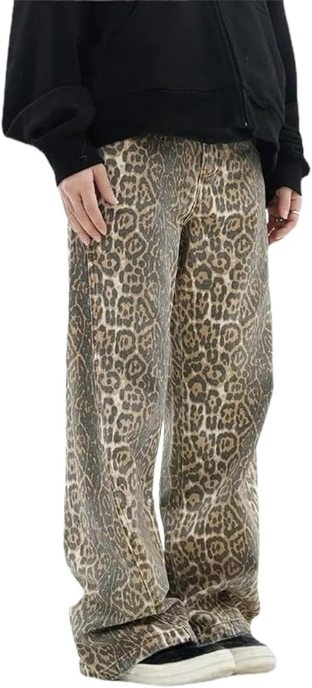 YELLOOP Leopard Print Jeans Y2k Jeans Leopard Grunge Y2k Pants Womens Baggy 2000s Leopard Pants (... | Amazon (US)