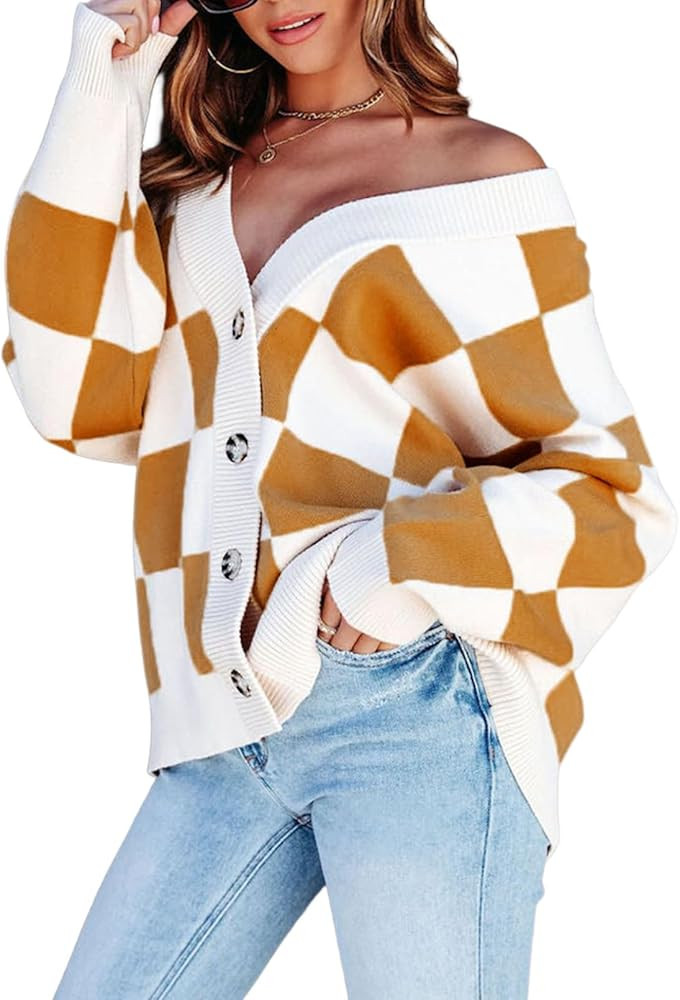 Dokotoo Womens Plaid V Neck Button Down Long Sleeve Cable Knit Oversized Cardigan Sweaters Tops | Amazon (US)