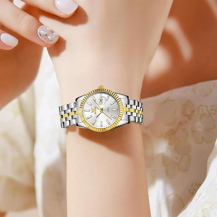OLEVS Women's Stainless Steel Watch, Luxury Gold Silver Two Tone Easy to Read Analog Quartz Dress... | Amazon (US)