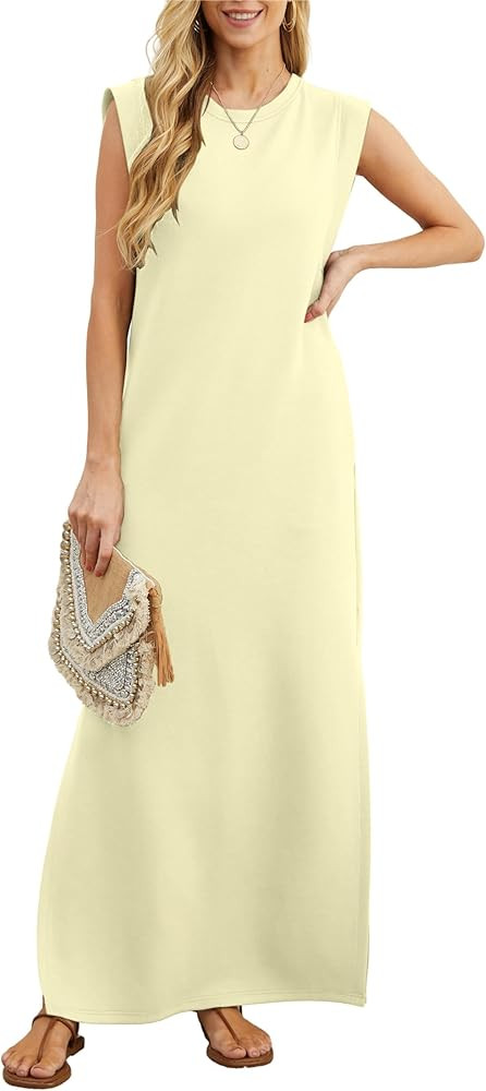 GRECERELLE 2024 Women Summer Crew Neck Casual Loose Split Wrinkle-Free Long Maxi Beach Dress with... | Amazon (US)