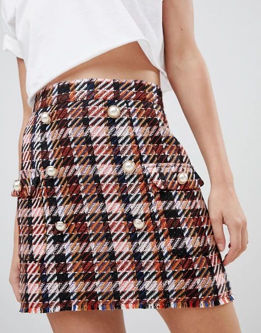 ASOS DESIGN boucle check double breasted mini skirt with pearl buttons | ASOS US