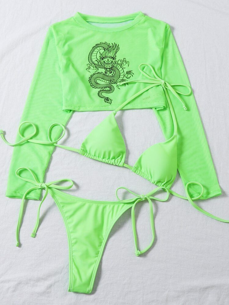 3pack Chinese Dragon Print Triangle Thong Bikini Swimsuit | SHEIN