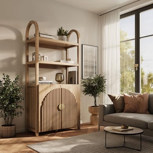 BELLEZE Book Shelf 72" Tall Arched Bookcase with Storage, 5 Tier Mid Century Modern Fluted Bookshelf with Doors, Modular Bookshelves for Living Room Office Library (Caramel Brown) | Amazon (US)