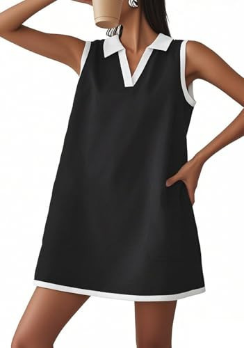 CHARTOU Women Causal Loose Fit Tennis Golf Mini Dress Summer Sleeveless Tunic Shirt Dress with Pockets (Small,Black) | Amazon (US)