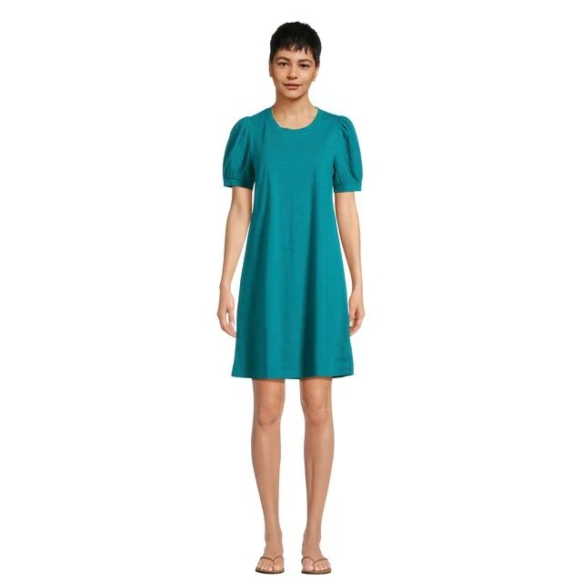 Time and Tru Women's Cotton A-Line Dress with Puff Sleeves, Sizes XS-XXXL | Walmart (US)