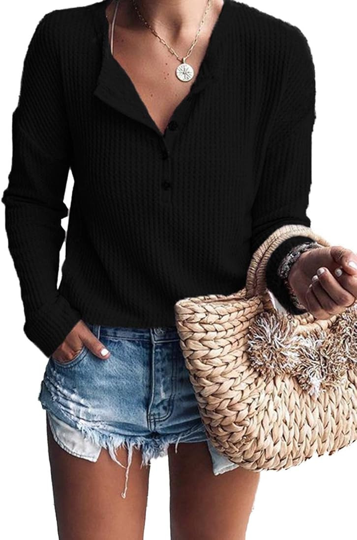 Famulily Women's Waffle Knit Tunic Tops Loose Long Sleeve Button Up V Neck Henley Shirts | Amazon (US)