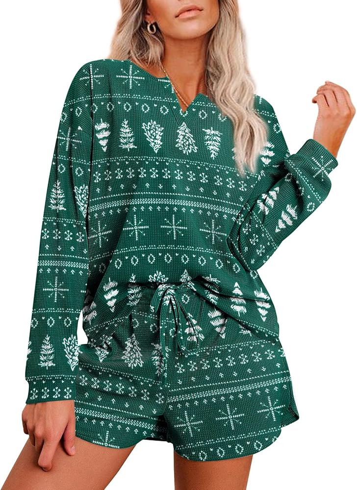 Ekouaer Womens Waffle Knit Pajamas Lounge Set Long Sleeve Top and Shorts 2 Piece Loungewear with ... | Amazon (US)