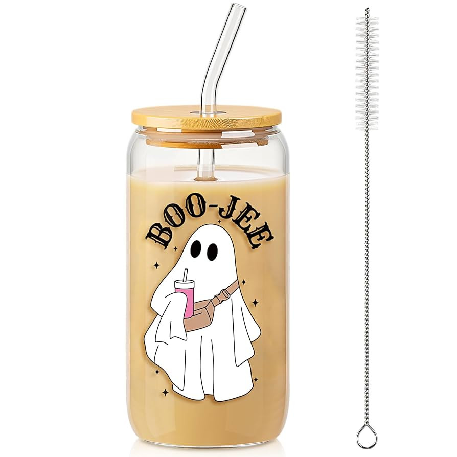 Honeydak Halloween Ghost Glass Cup 16 oz Halloween Drinking Glass Cup with Lid and Straw Brush Bo... | Amazon (US)
