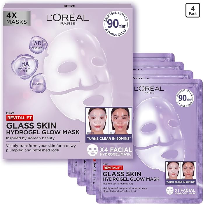 L'Oreal Paris Revitalift Filler Hydrogel Glow Mask 4 Pack, for Glass Skin, Korean-Skincare Inspired, Tissue Face Mask, Visibly Transform Skin, Dewy, Plumped and Refreshed Look, 4pc | Amazon (UK)