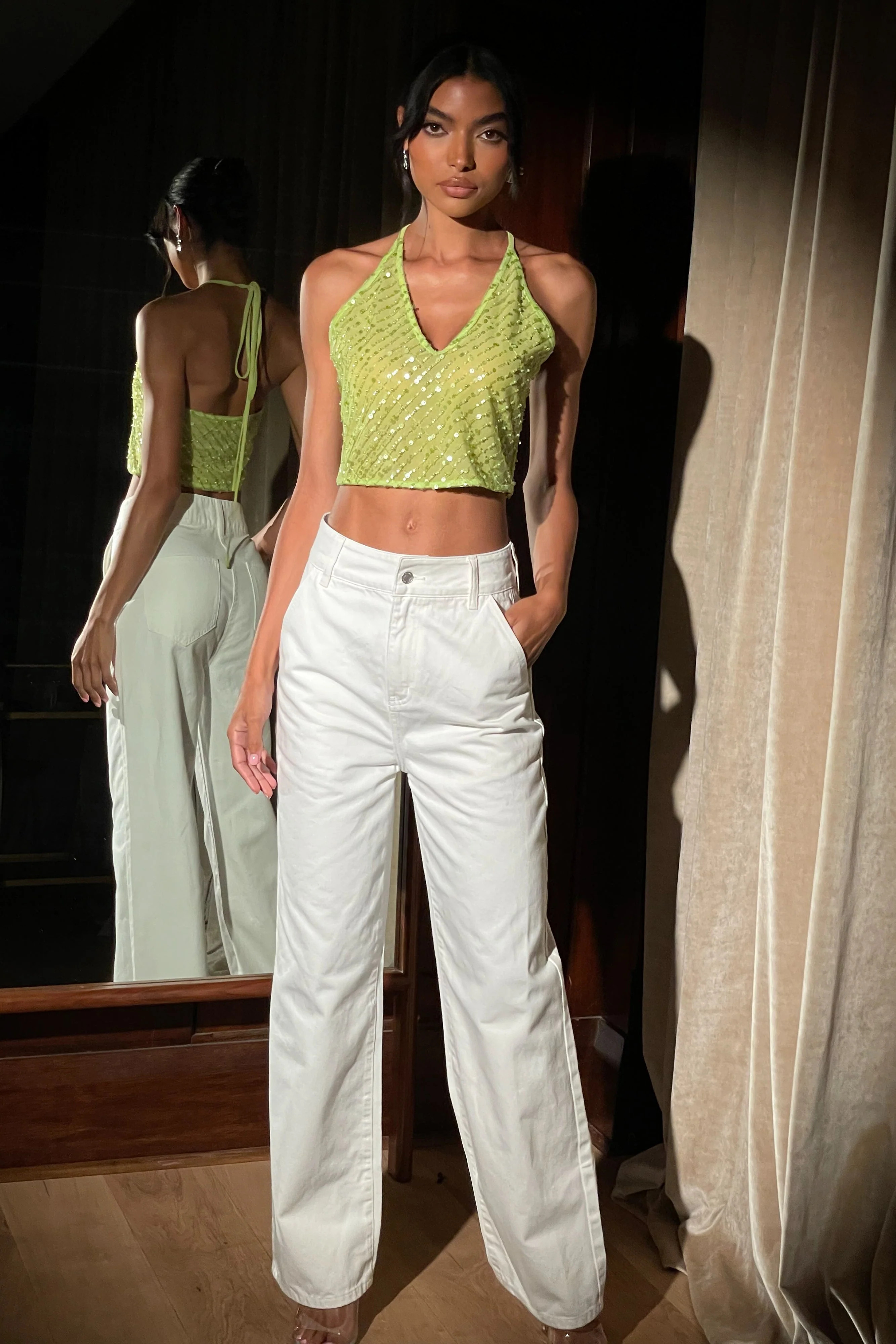 Brielle Sequin Halter Top - Parakeet Green | MESHKI US