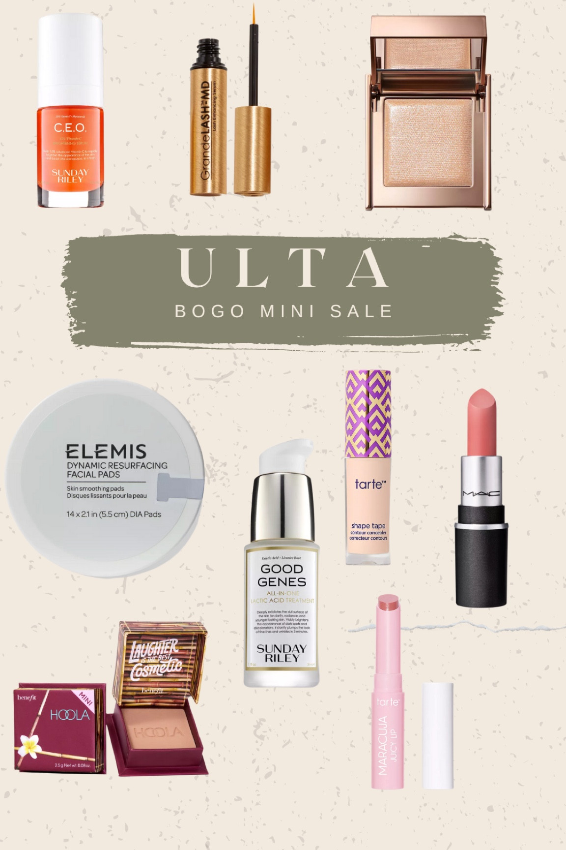 Ulta is having a bogo mini sale! IMO it is a fabulous sale especially if you have have been to try any products out or want to to snag double your favorite products - tarte shape tape - Elemis resurfacing pads - grande lash serum - juicy lips - Sunday Riley products - Mac lipstick - Anastasia Beverly Hills 

#LTKsalealert #LTKbeauty #LTKSale